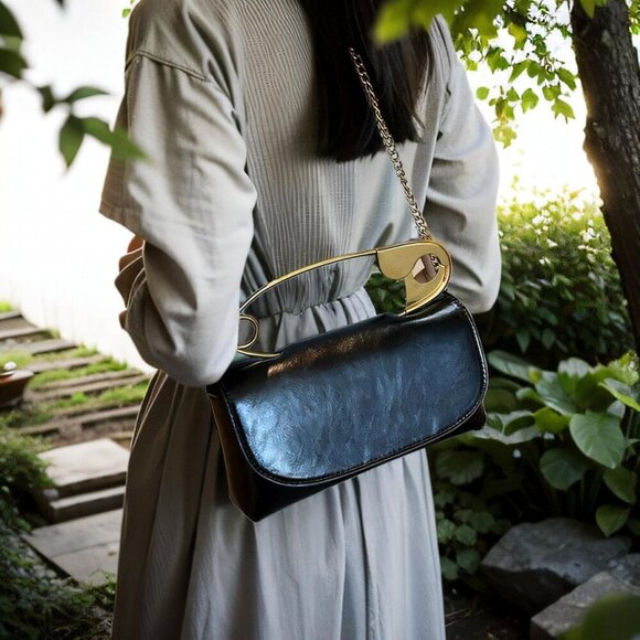 Women's Small Black Soft Pin Shaped Vegan Leather Crossbody Purse Bag with Gold - Picture 3 of 7